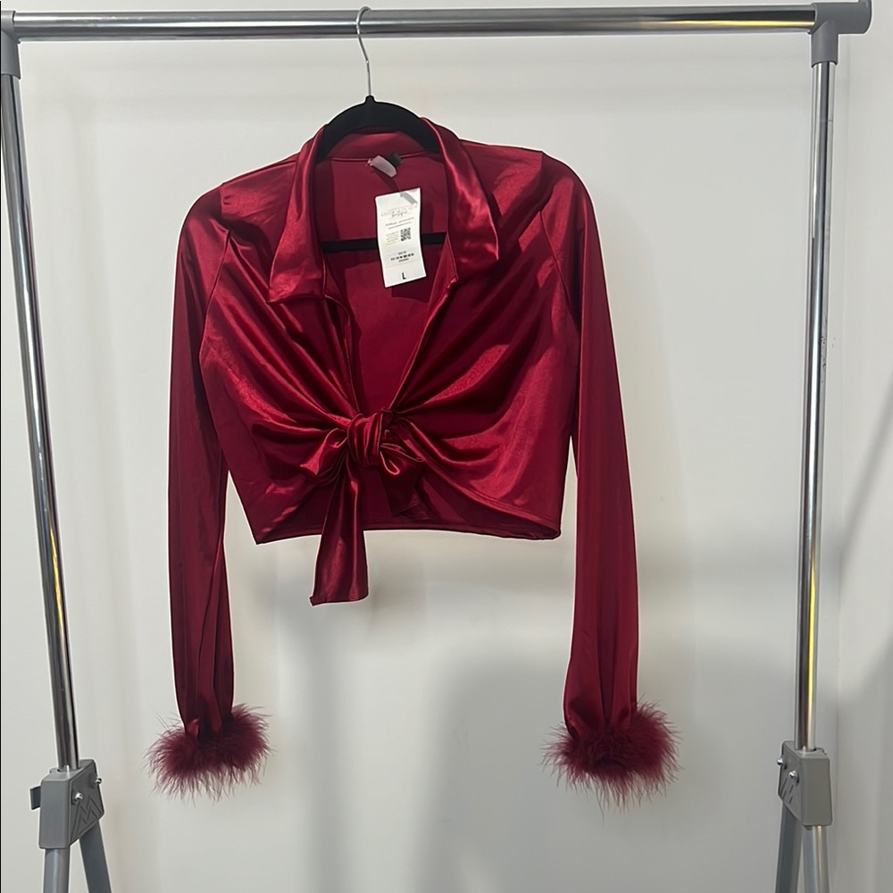 Elegant Red Satin Tie-Front Top